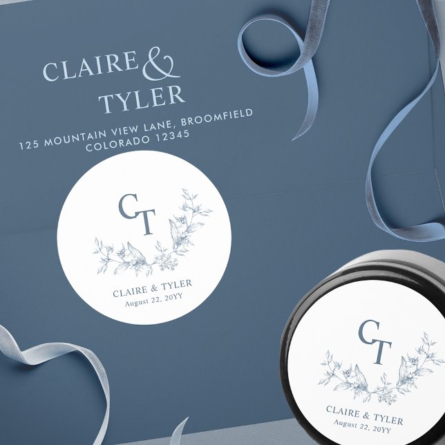 Sticker Rond Mariage Chic Bleu Monogramme Enveloppe Sceau / Fav (Créateur téléchargé)