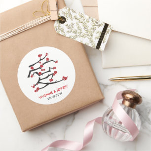 Sticker Rond Mariage Chinois Ai Amour Cerisiers Rouge Sakura
