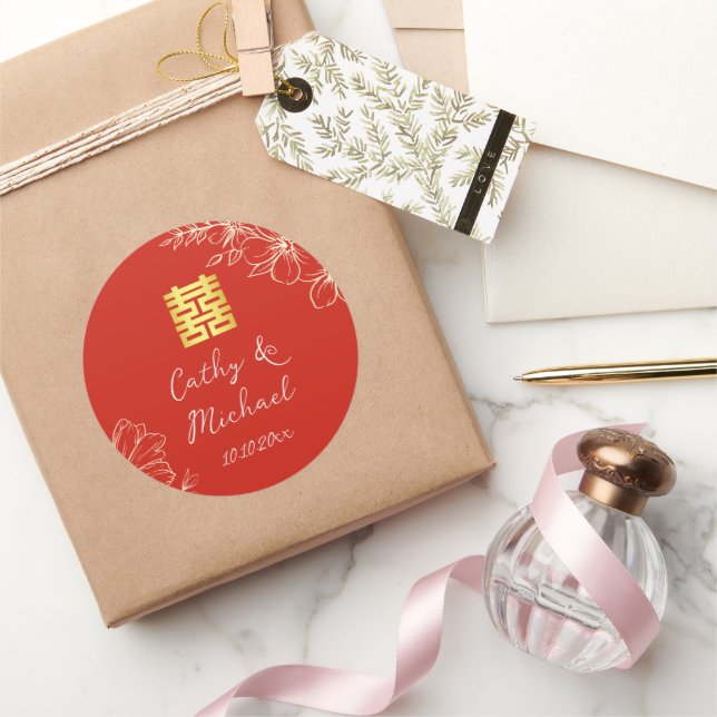 Sticker Rond Mariage chinois élégant moderne floral script roug (Cadeaux)