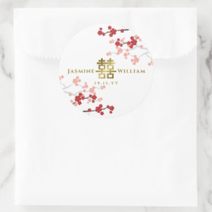 Sticker Rond Mariage chinois Red Sakura Golden Double Bonheur
