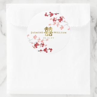 Sticker Rond Mariage chinois Red Sakura Golden Double Bonheur