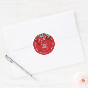 Sticker Rond Mariage chinois Shuang Xi Feuille Aqua & Red Bambo