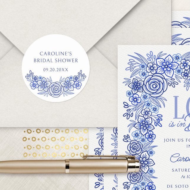 Sticker Rond Mariage civil champêtre bleu français floral (Créateur téléchargé)