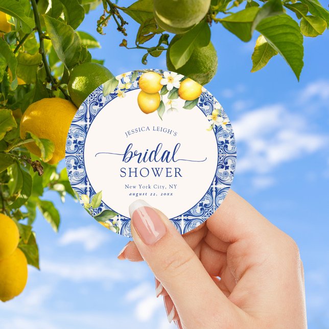 Sticker Rond Mariage civil Lemons Shower Nuptiale Bleu Méditerr (Créateur téléchargé)