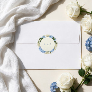 Sticker Rond Mariage classique à monogramme avec hortensia bleu