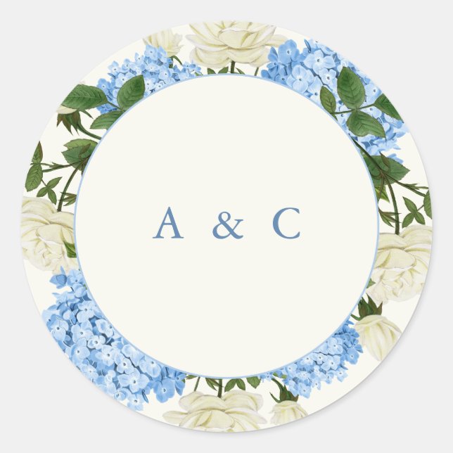 Sticker Rond Mariage classique à monogramme avec Hydrangea Bleu (Devant)