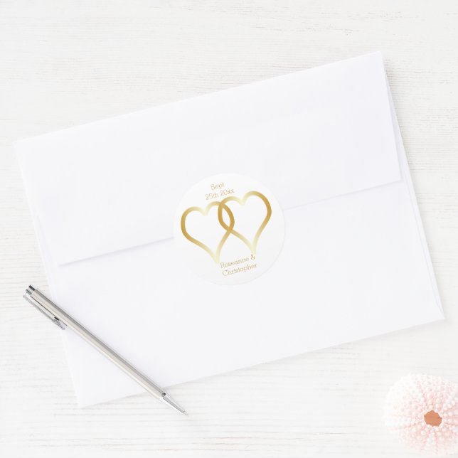 Sticker rond mariage classique Coeurs d'or (Enveloppe)
