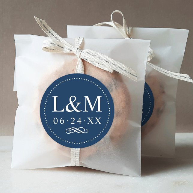Sticker Rond Mariage Classique Élégant Bleu Nuit Monogramme (Créateur téléchargé)
