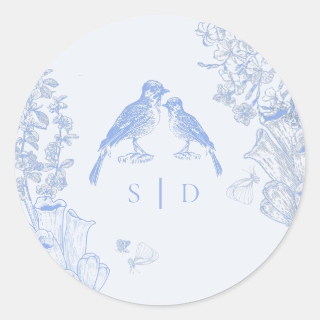 Sticker Rond Mariage Classique Fleurs Oiseaux Bleu Blanc França (Devant)