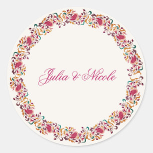 Sticker Rond Mariage Classique Rose Vert Jaune Floral Cygne Ois