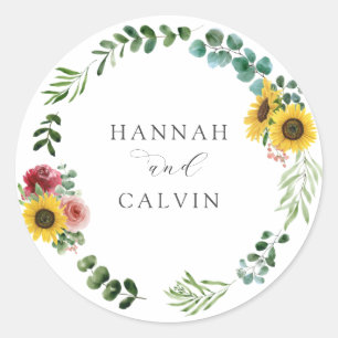 Sticker rond Mariage classique tournesol et Rose