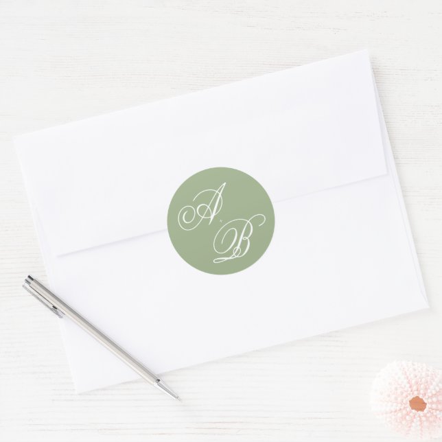 Sticker Rond Mariage Classique Vert Sauge & Blanc Monogramme Sc (Enveloppe)