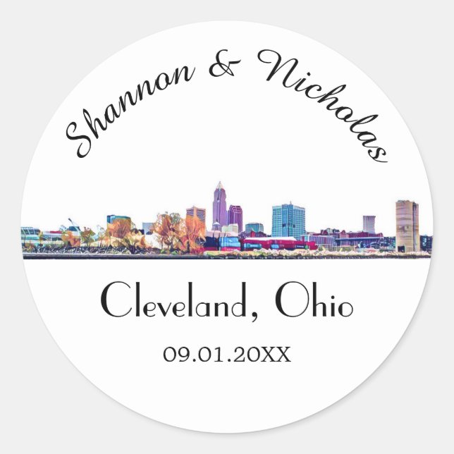 Sticker Rond Mariage Cleveland Skyline personnalisé (Devant)