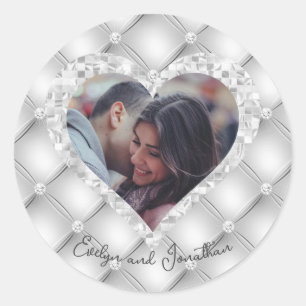 Sticker Rond Mariage Coeur Photo personnalisée Diamants blanc e