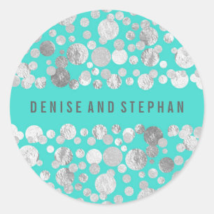 Sticker Rond Mariage Confetti turquoise et Argent