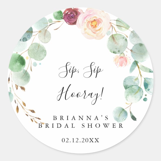 Sticker Rond Mariage contemporain floral Sip Sip Hooray Shower (Devant)