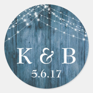 Sticker Rond Mariage Cordes Lumineuses & Bois Bleu Rustique