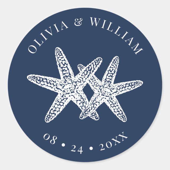 Sticker Rond Mariage côtier de la plage de Starfish Blue Navy (Devant)