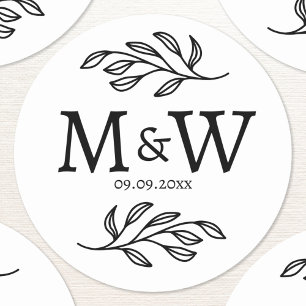 Sticker Rond Mariage Couple Monogramme Date Élégante Botanique