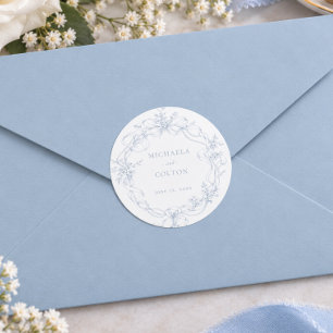 Sticker Rond Mariage Couronne Florale Bleu Poussiéreux Vintage