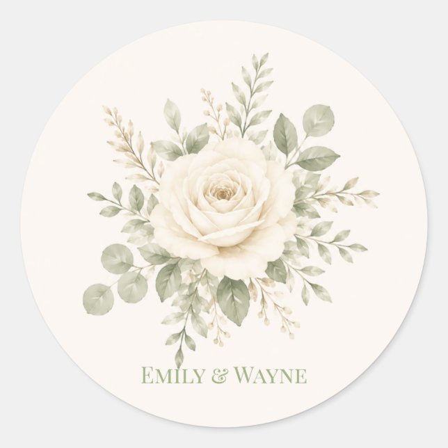 Sticker Rond Mariage Crème et Vert Sauge avec Feuillage (Devant)