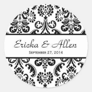 Sticker Rond Mariage Damask noir et blanc V01