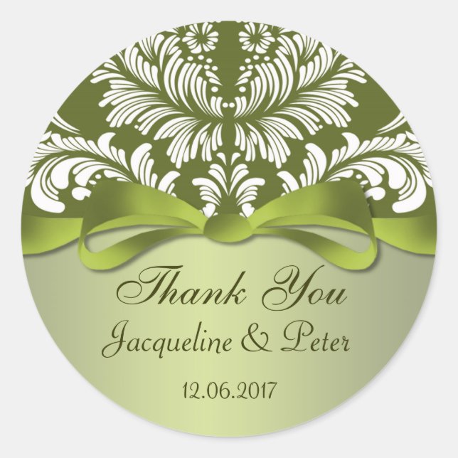 Sticker Rond Mariage Damask vert et blanc Merci (Devant)