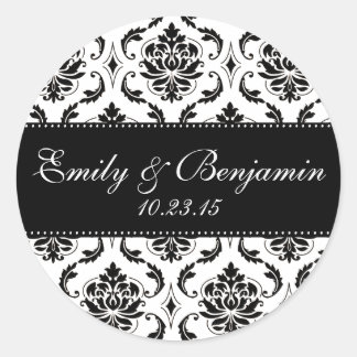 Sticker Rond Mariage damassé blanc et noir Favoriser