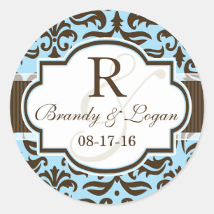 Sticker Rond Mariage damassé bleue et Brown