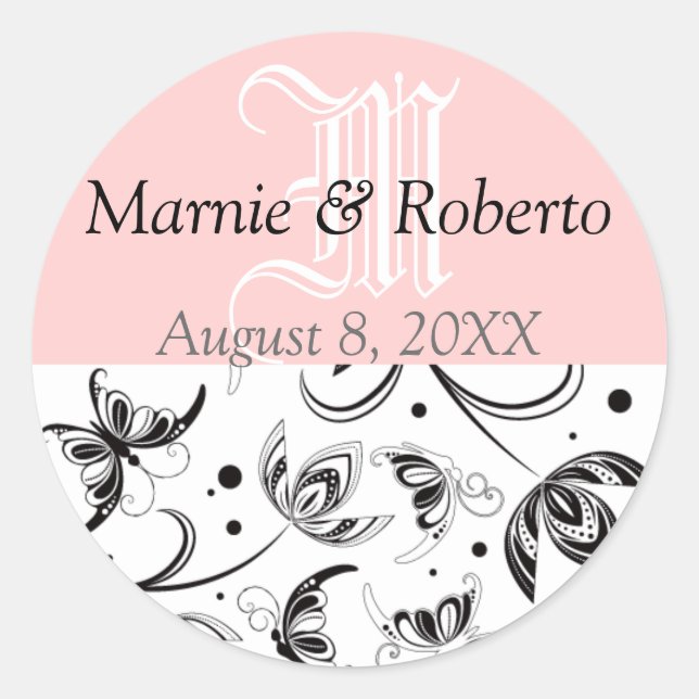 Sticker Rond Mariage damassé Bride Groom Noms Date Monogramme (Devant)