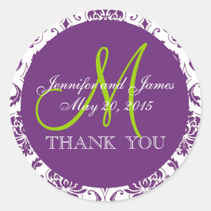Sticker Rond Mariage damassé violet vert Favoriser le Merci