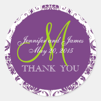 Sticker Rond Mariage damassé violet vert Favoriser le Merci