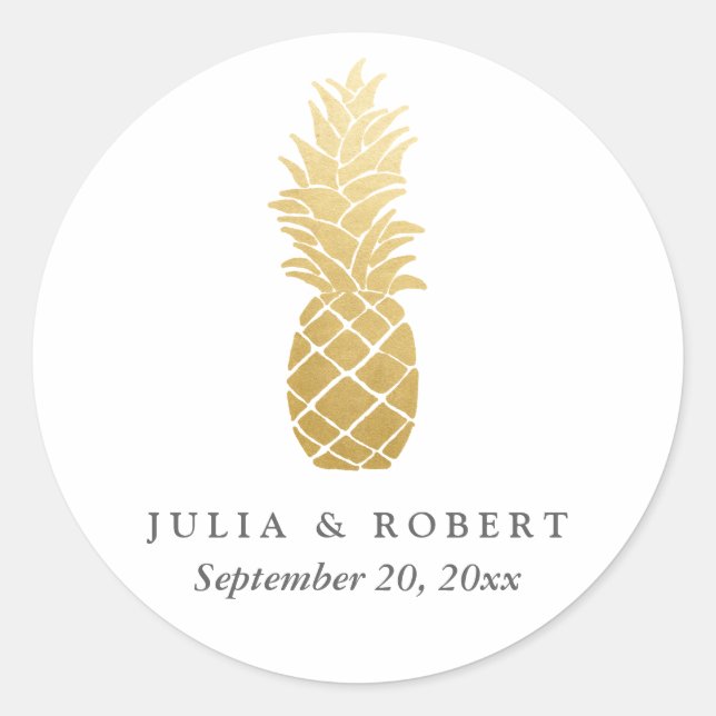 Sticker Rond Mariage d'ananas Tropical Elegance Faux Gold Foil (Devant)