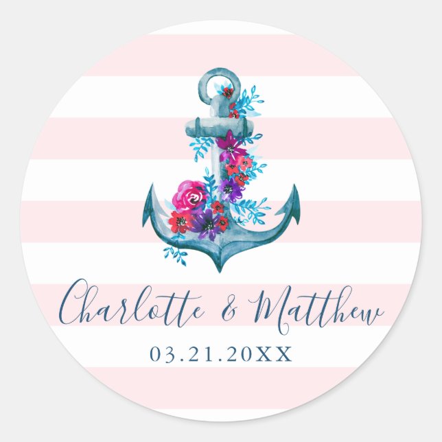 Sticker Rond Mariage d'Ancre d'aquarelle rose marine (Devant)