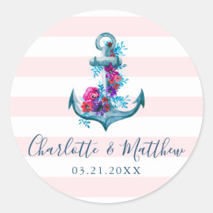 Sticker Rond Mariage d'Ancre d'aquarelle rose marine