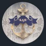 Sticker Rond Mariage d'Ancres nautiques de marine et d'or<br><div class="desc">Phoques monogrammes marins à ancre dorée</div>