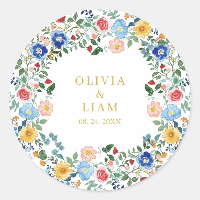 Sticker Rond Mariage dans le jardin d'or Fleur sauvage coloré (Devant)