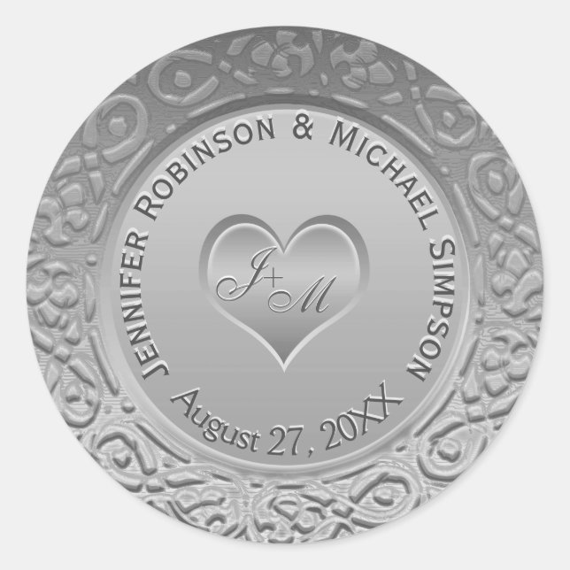 Sticker Rond Mariage d'apparence d'huile d'argent Monogram pers (Devant)