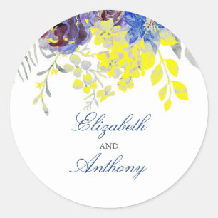 Sticker Rond Mariage d'aquarelle bleu et jaune