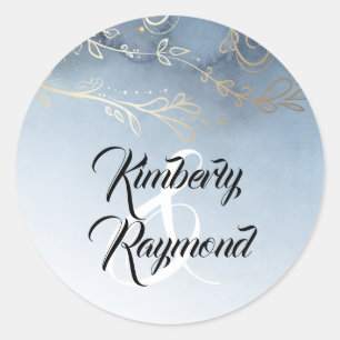 Sticker Rond Mariage d'aquarelle bleu et or Dusty