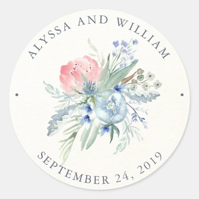 Sticker Rond Mariage d'aquarelle bleu et rose Peony (Devant)