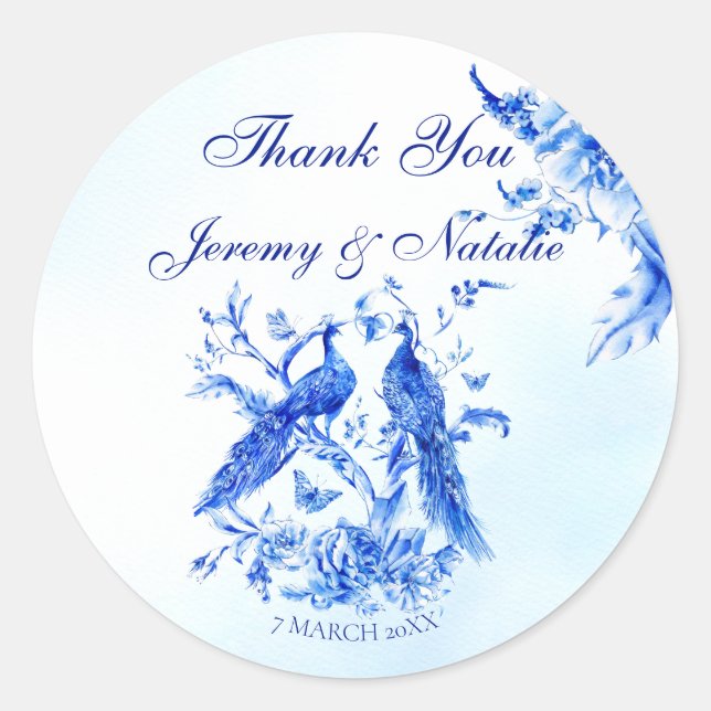Sticker Rond Mariage d'aquarelle de paon royal bleu victorien (Devant)