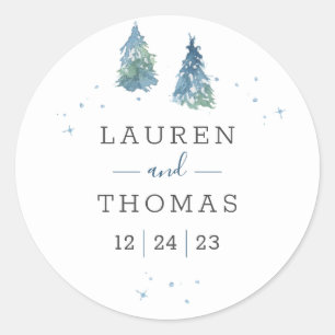 Sticker Rond Mariage d'aquarelle de pin d'hiver