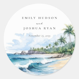 Sticker Rond Mariage d'aquarelle de plage Tropical