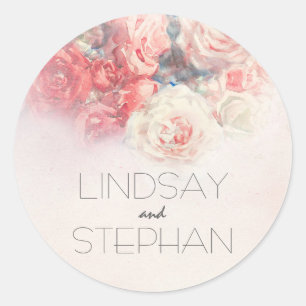 Sticker Rond Mariage d'aquarelle de Roses blanches et roses ros