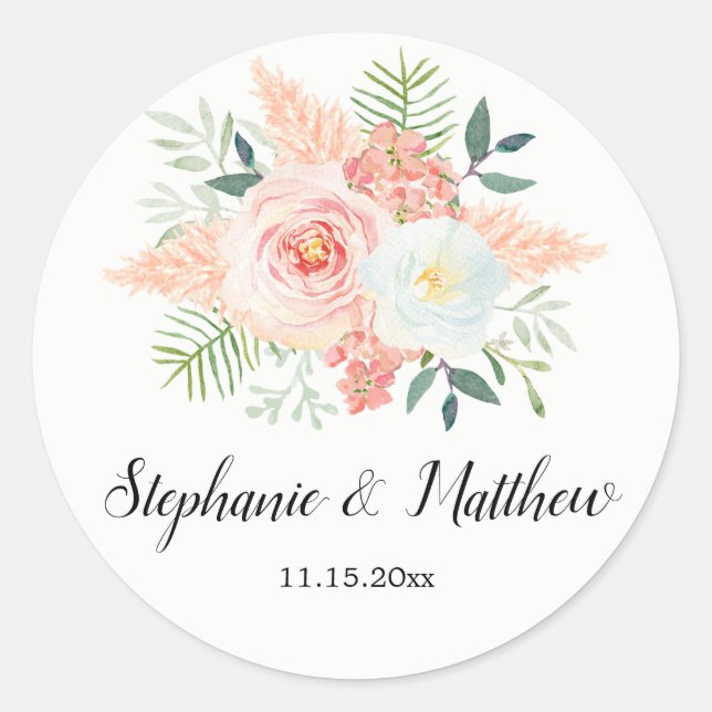 Sticker Rond Mariage d'aquarelle florale à fleurs roses (Devant)