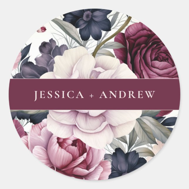 Sticker Rond Mariage d'aquarelle florale de prune bordeaux (Devant)