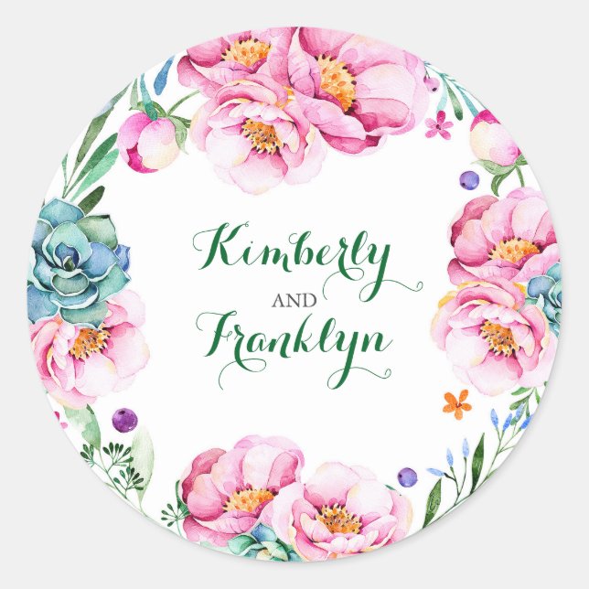 Sticker Rond mariage d'aquarelle moderne à couronne florale (Devant)