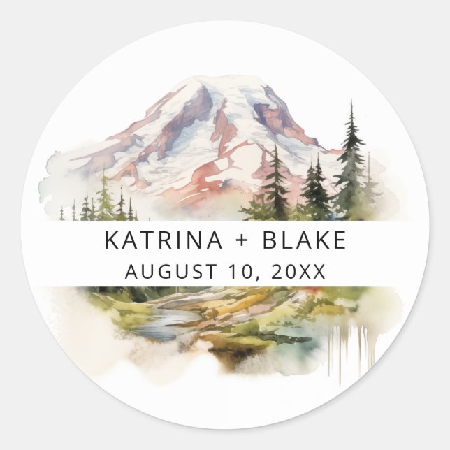 Sticker Rond Mariage d'aquarelle Mount Rainier Washington (Devant)