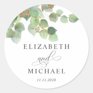 Sticker Rond Mariage d'aquarelle or Eucalyptus vert